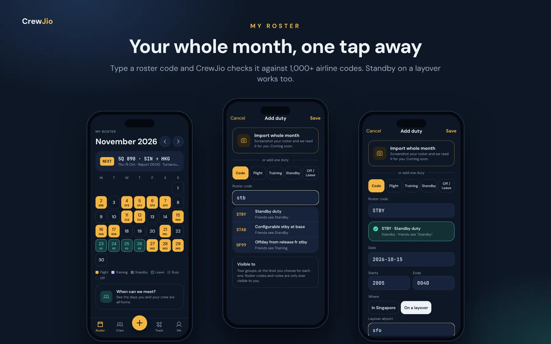 CrewJio app screens showing a roster and joining a crew with a code