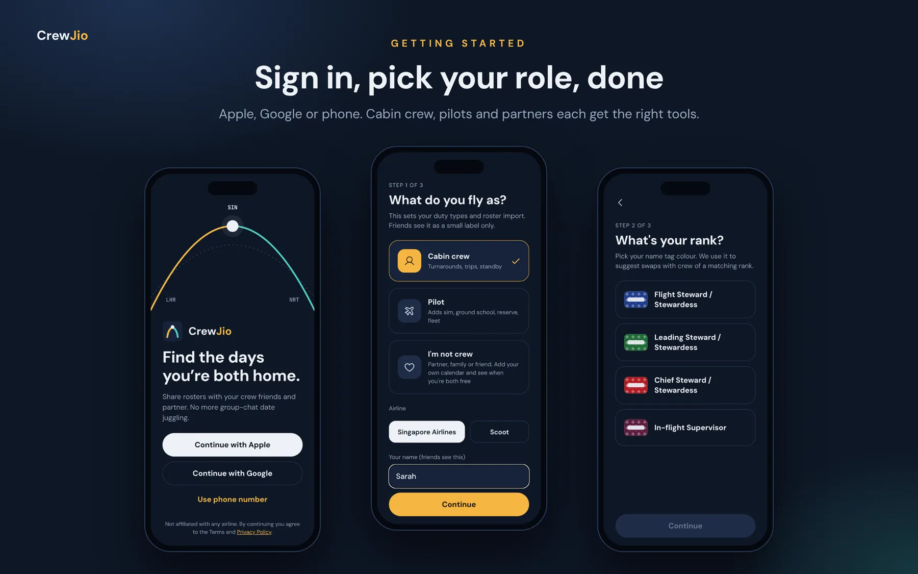 CrewJio app onboarding screens