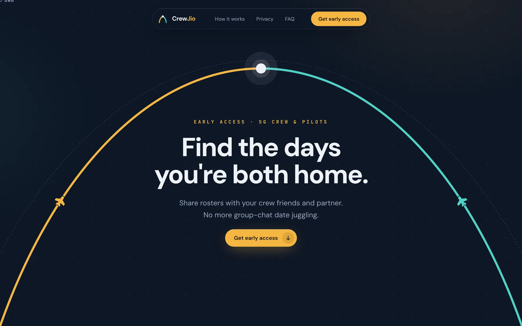 CrewJio landing page hero with the headline Find the days you're both home