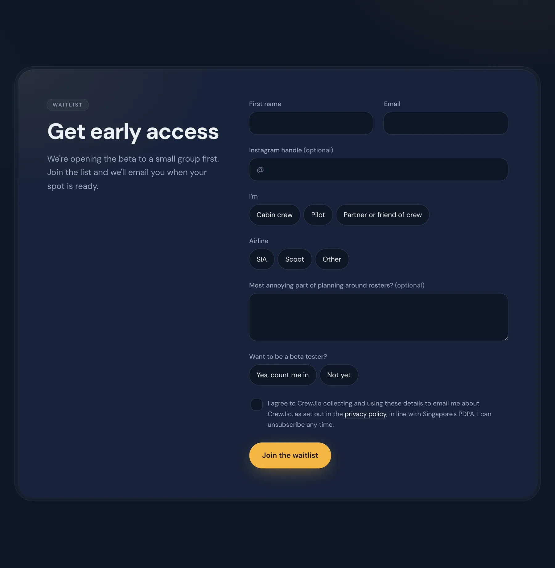 CrewJio waitlist sign-up section