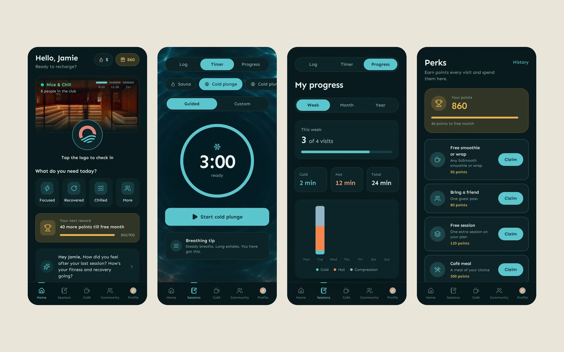 Demo screens of the Sochill member app: home with live club busyness and check-in, the session timer, progress stats and rewards perks