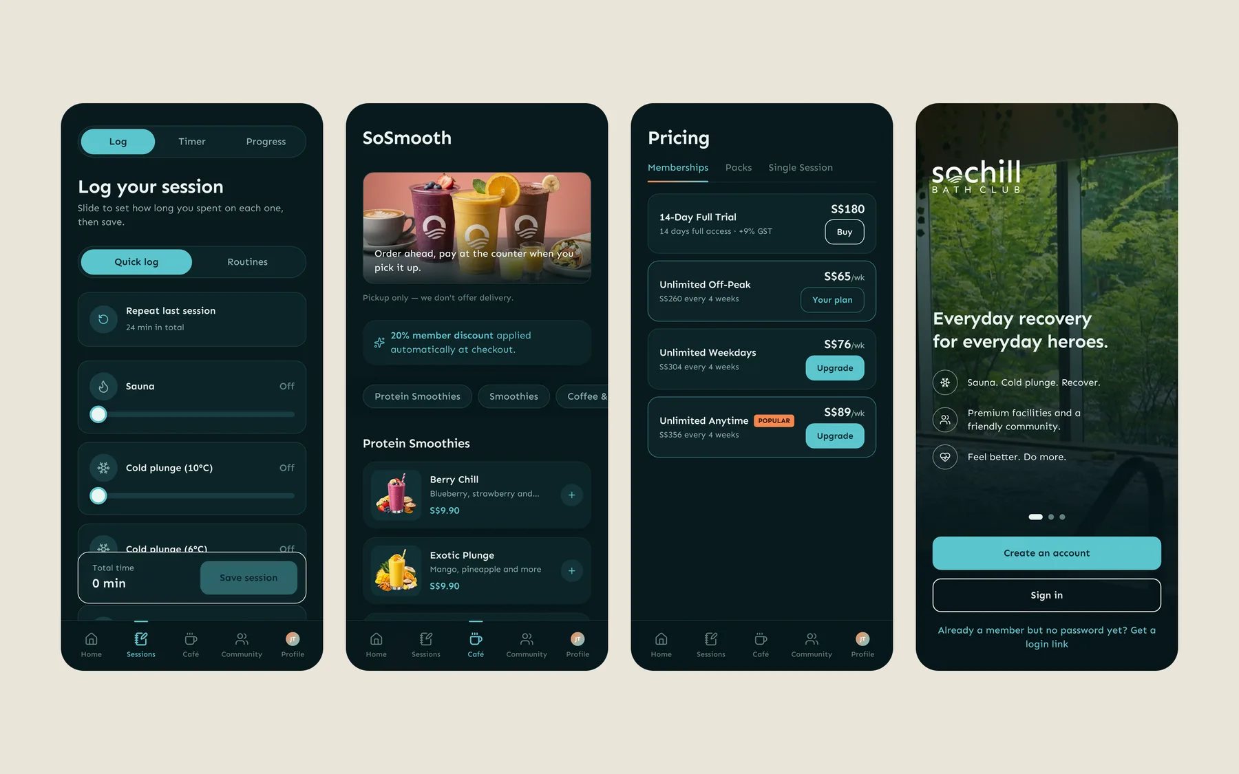 Demo screens of the Sochill member app: session log, the cafe menu, membership pricing and the sign-in screen