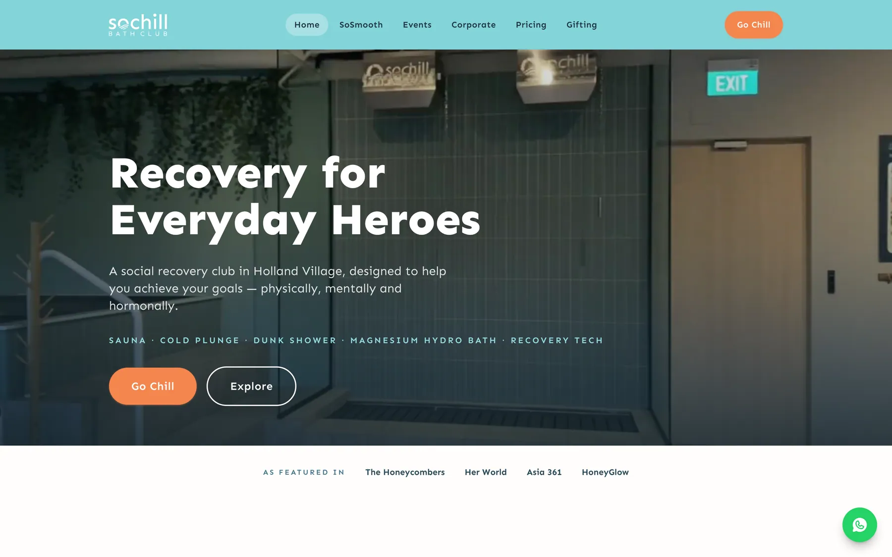 Homepage of the Sochill Bath Club website with the headline Recovery for Everyday Heroes