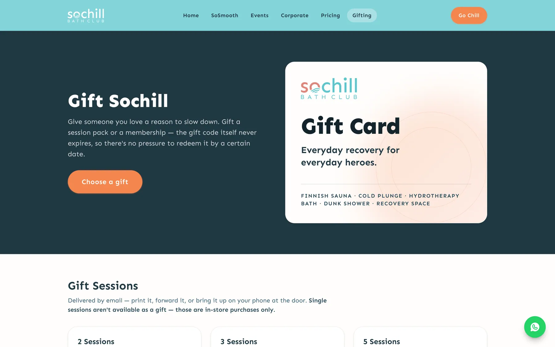 Gifting page of the Sochill Bath Club website