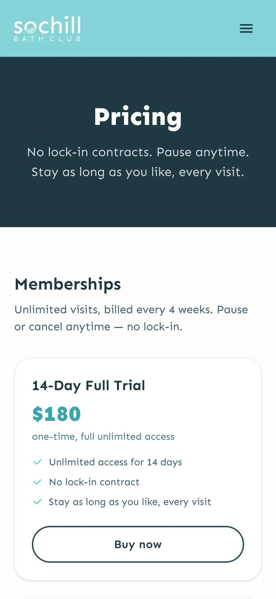 Sochill Bath Club pricing page on a phone